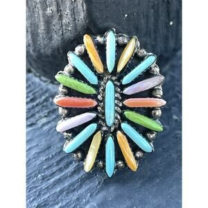 VTG Zuni Sterling Silver NEEDLEPOINT Turquoise Spiny Cluster Ring multicolored